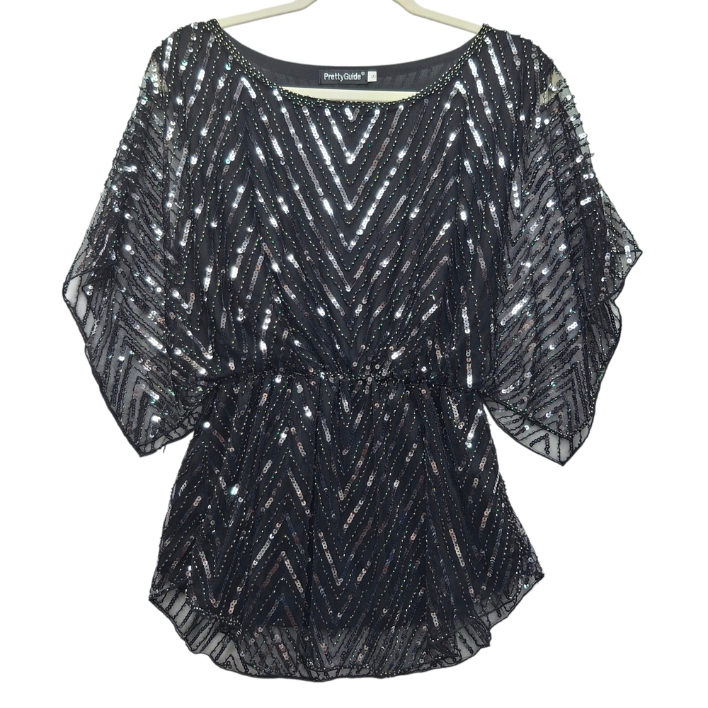 PrettyGuide Black Blouse Sequin Beaded Top Size S (fits US 8-10)